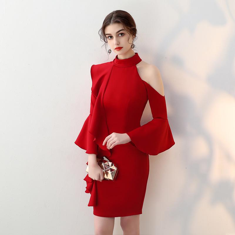 パーティードレス ワンピース アシンメトリー フリル ハイネック 長袖