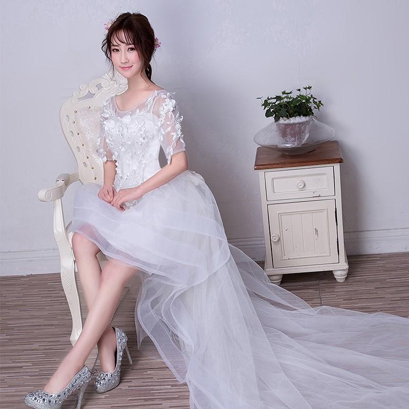 ウエディングドレス エンパイア 安い 半袖 トレーンドレス 結婚式 前ミニ ウェディングドレス 二次会 ロングドレス 花嫁 パーティードレス 披露宴 ブライダル