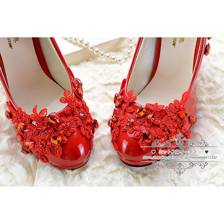 ウエディングシューズ 0.5/4.5/8cmヒール ウェディングシューズ ステージ パンプス ハイヒール 結婚式 花嫁 ブライダル 二次会 パーティー レッド 赤 レース |  | 03