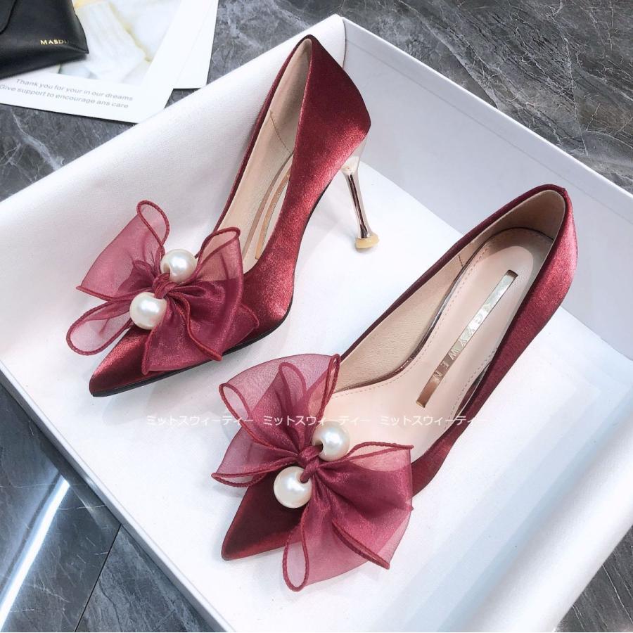 ウエディングシューズ レディース 白 赤 黒 ブライダル 花嫁 二次会 結婚式 リボン 発表会 パーティーパンプス ハイヒール ピンヒール 披露宴 5cm/8cmヒール |  | 06