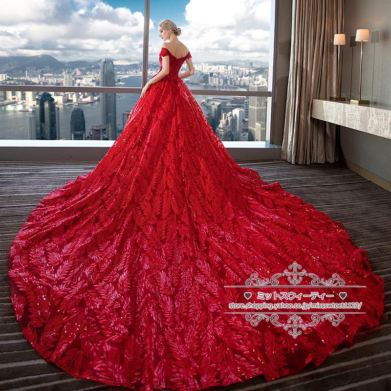 ウェディングドレス レッド 赤 カラードレス リーフ スパンコール オフショルダー 結婚式 二次会 披露宴 ブライダル ロングドレス 花嫁 ウエディングドレス 葉_3