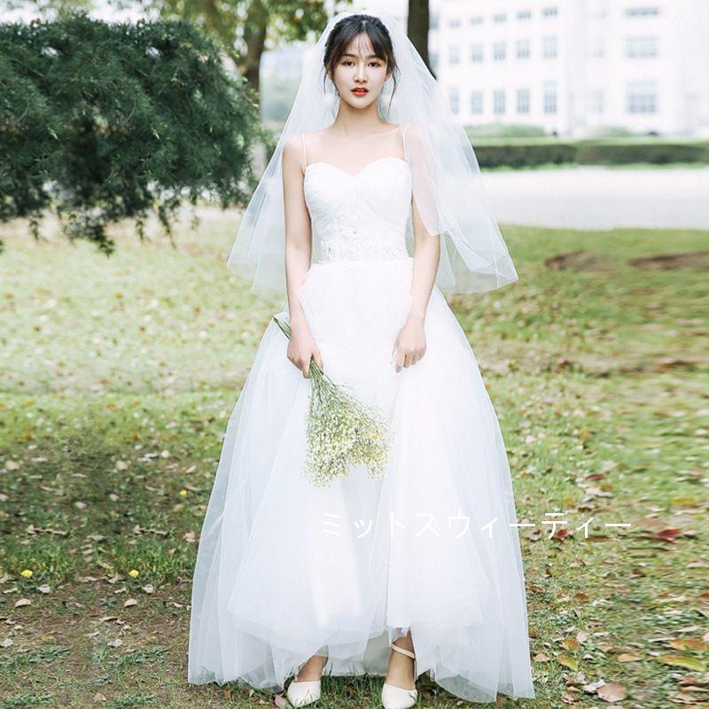 ウェデイングドレス 結婚式 二次会 旅行 前撮り ノースリーブ ロングドレス 花嫁 シンプル キャミソール 白 ウエディングドレス 挙式 パーティー ドレス 後撮り Wd105 ミットスウィーティー 通販 Yahoo ショッピング