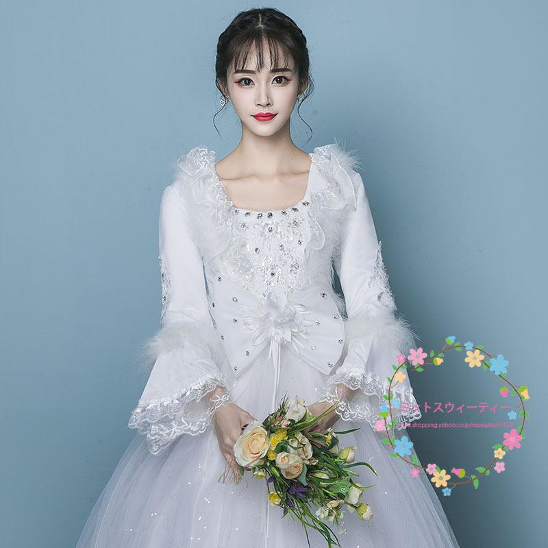 ウェディングドレス 白 ホワイト 安い 結婚式 花嫁 二次会 長袖 プリンセスライン ウエディングドレス ロング丈 ブライダル 披露宴 大きいサイズ おしゃれ 姫系_1