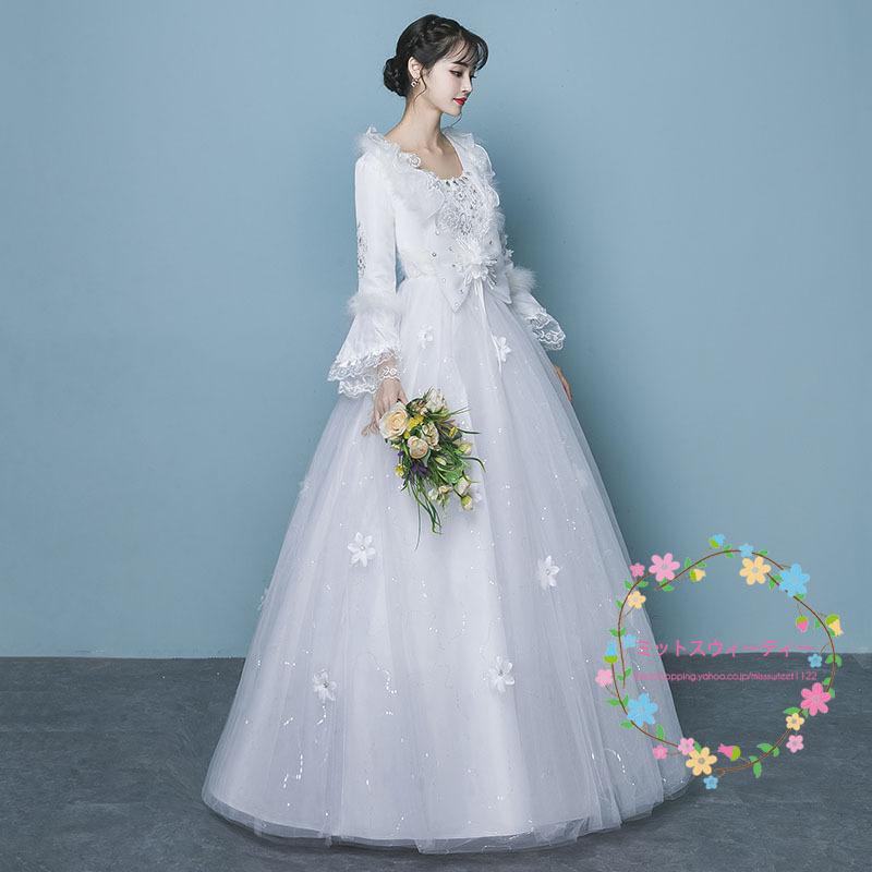 ウェディングドレス 白 ホワイト 安い 結婚式 花嫁 二次会 長袖 プリンセスライン ウエディングドレス ロング丈 ブライダル 披露宴 大きいサイズ おしゃれ 姫系_3
