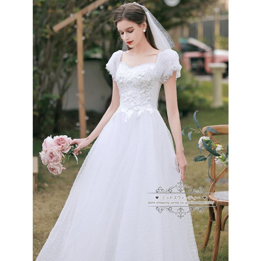 ウェディングドレス 二次会 結婚式 披露宴 パフスリーブ ドット