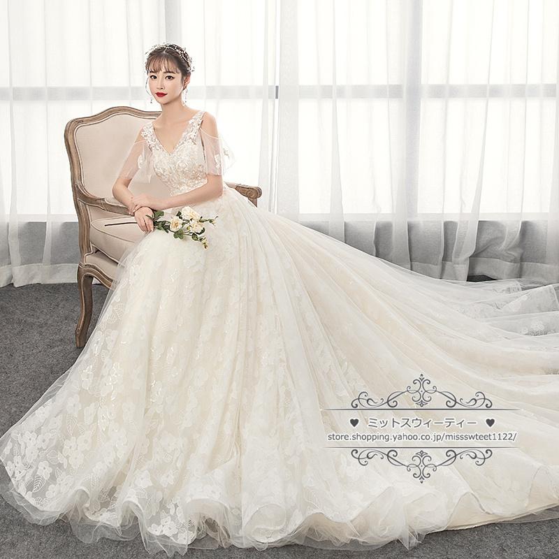 ウェディングドレス 二次会 結婚式 披露宴 ブライダル ロングドレス 花嫁 ウエディングドレス Aラインドレス オフホワイト 編み上げ トレーン レース花 上品_1