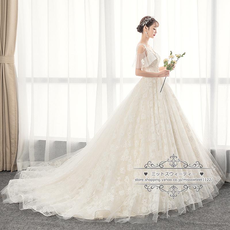 ウェディングドレス 二次会 結婚式 披露宴 ブライダル ロングドレス 花嫁 ウエディングドレス Aラインドレス オフホワイト 編み上げ トレーン レース花 上品_2