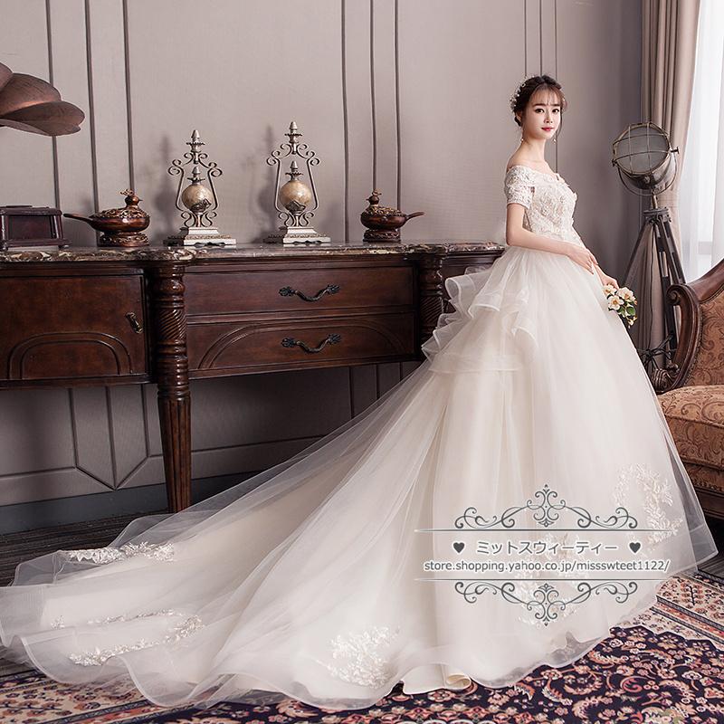 ウェディングドレス XS-6XL マタニティ シャンパン 二次会 結婚式 披露宴 ブライダル オフショルダー フラワー 花嫁 ウエディング プリンセスライン 編み上げ_1