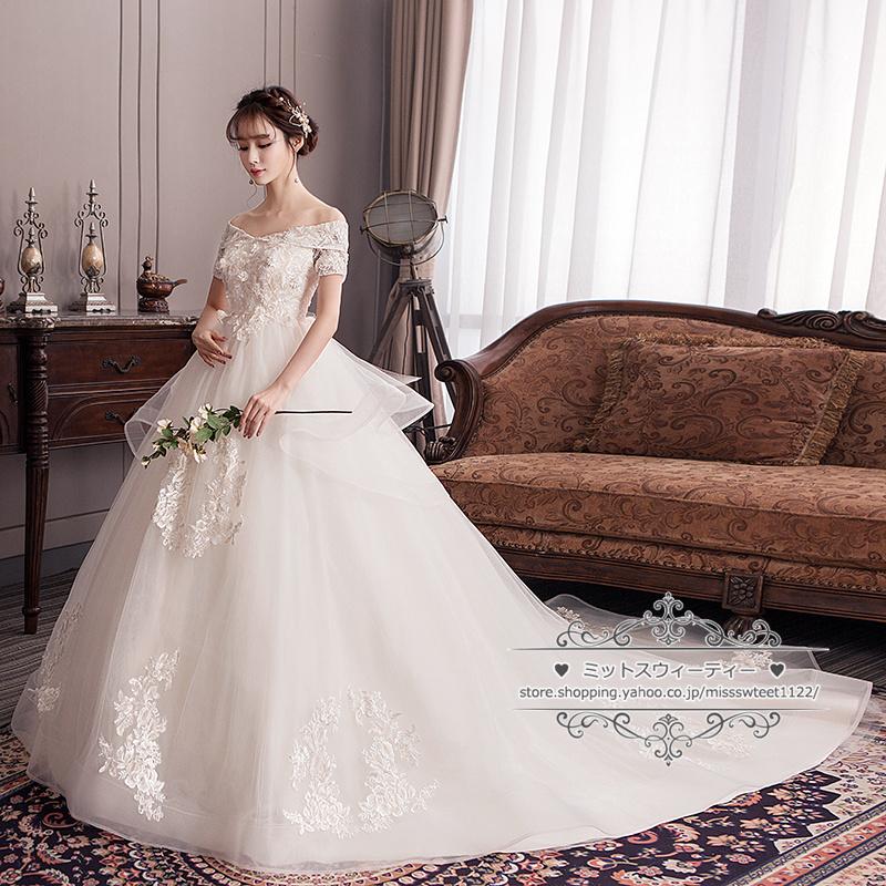 ウェディングドレス XS-6XL マタニティ シャンパン 二次会 結婚式 披露宴 ブライダル オフショルダー フラワー 花嫁 ウエディング プリンセスライン 編み上げ_2
