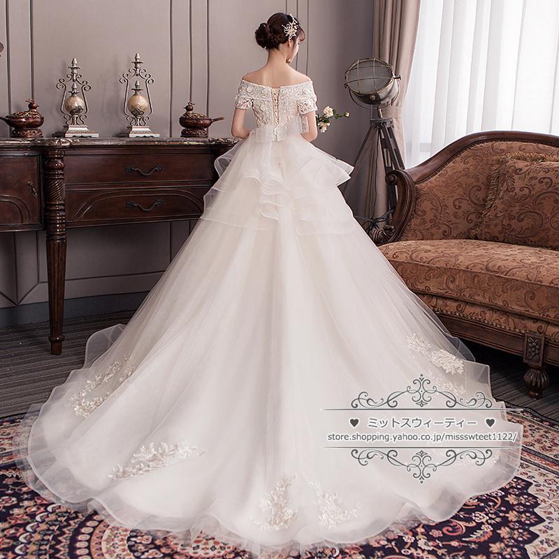 ウェディングドレス XS-6XL マタニティ シャンパン 二次会 結婚式 披露宴 ブライダル オフショルダー フラワー 花嫁 ウエディング プリンセスライン 編み上げ_3