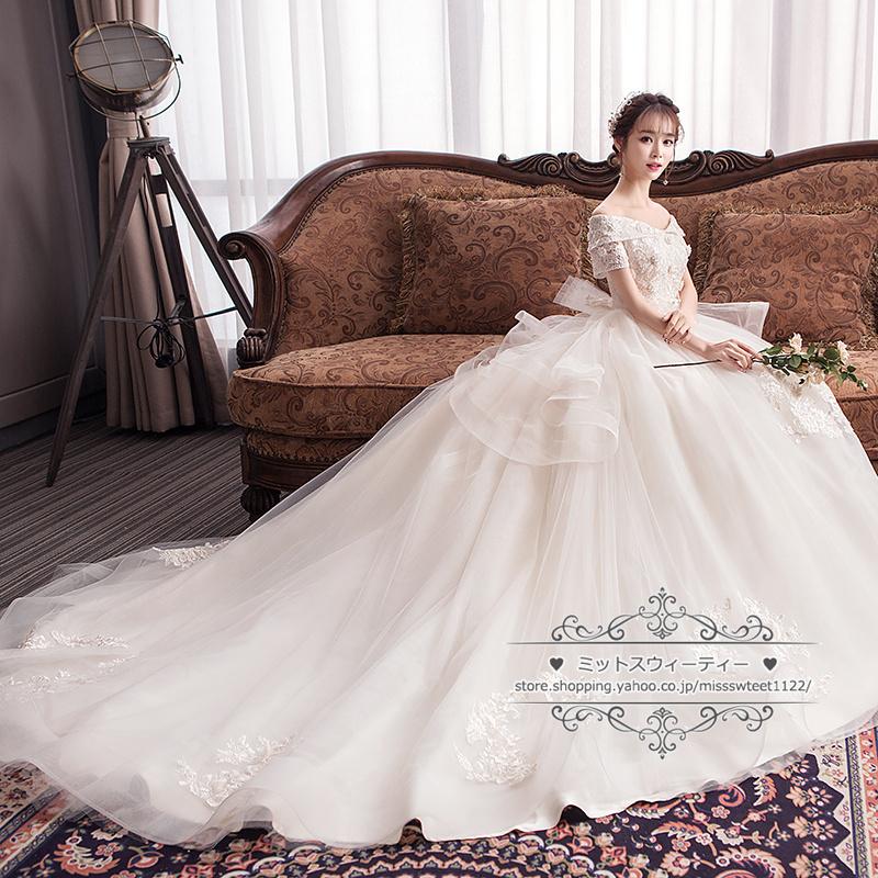 ウェディングドレス XS-6XL マタニティ シャンパン 二次会 結婚式 披露宴 ブライダル オフショルダー フラワー 花嫁 ウエディング プリンセスライン 編み上げ_5