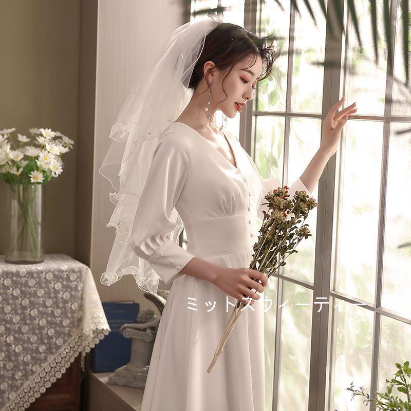 ウェディングドレス Aライン 7分袖 Vネック ロングドレス 結婚式 披露宴 二次会 前撮り パーティー シンプル ウエディングドレスドレス リゾートウェディング ウェディングドレス Aライン 7分袖 Vネック ロングドレス 結婚式