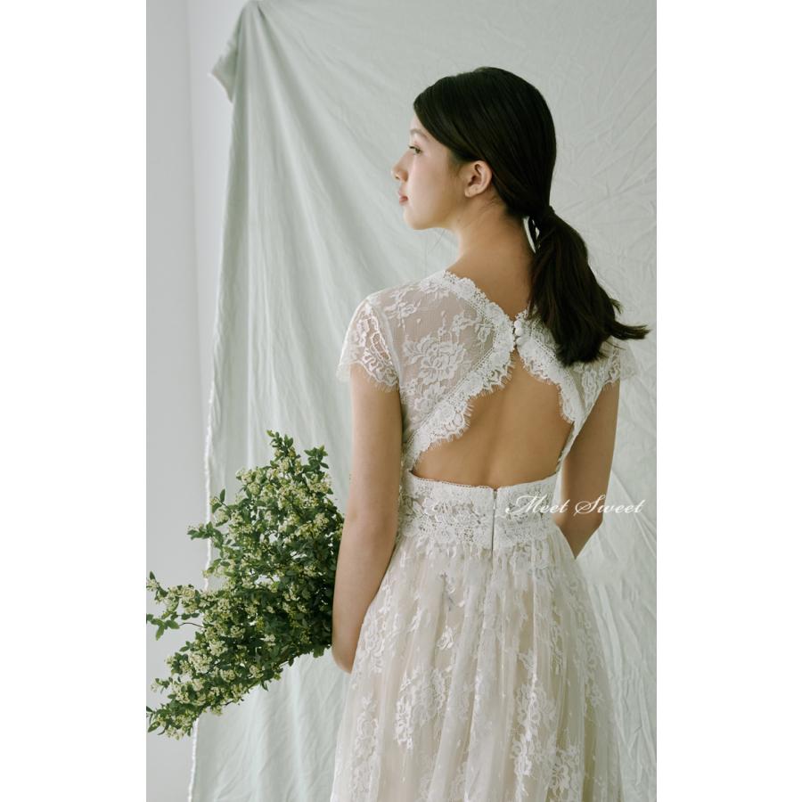 ウェディングドレス ウエディングドレス 二次会 結婚式 前撮り ブライダル ロングドレス 花嫁 スレンダードレス シャンパン ベージュ 総レース 半袖 Vネック_3