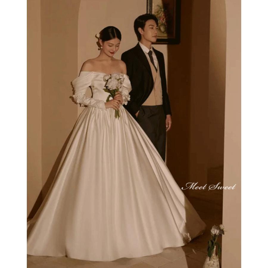 ウェディングドレス ウエディングドレス 二次会 2次会 結婚式 披露宴 前撮り 後撮り ブライダル ロングドレス 花嫁 Aラインドレス サテン オフショルダー 長袖の画像