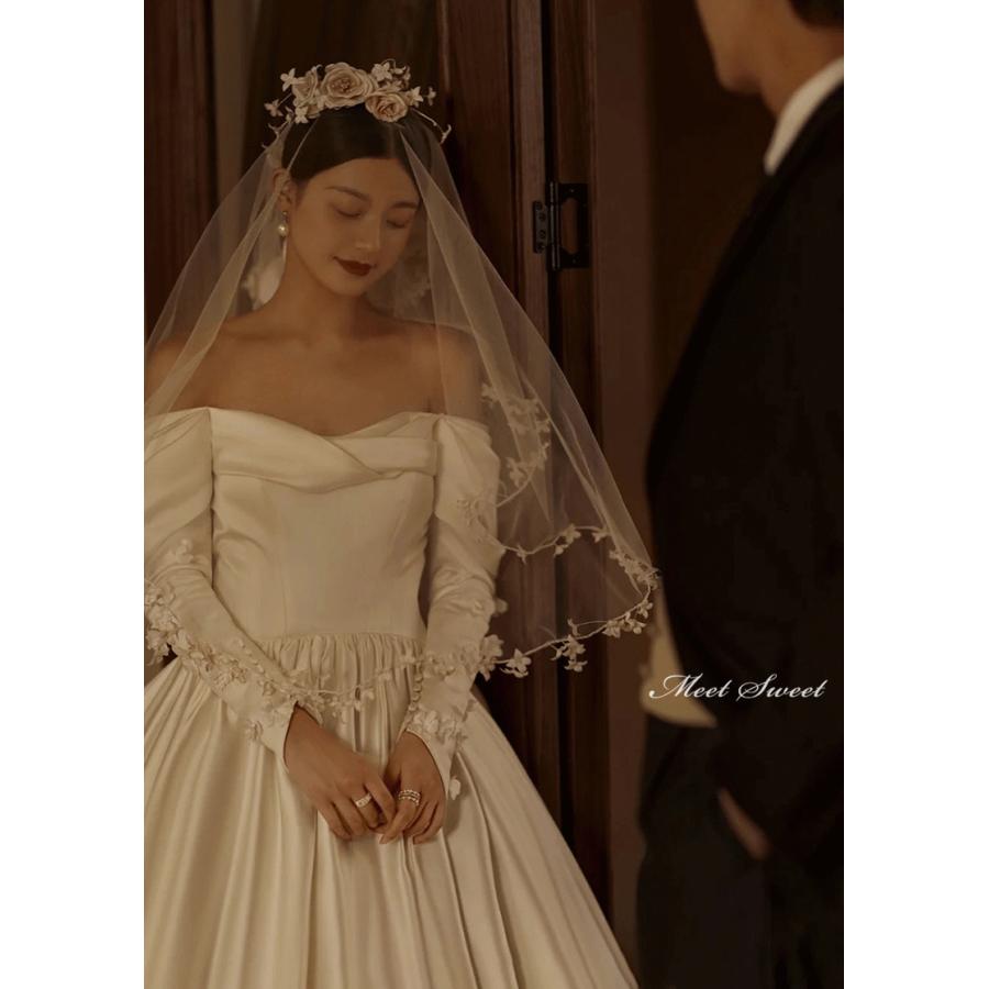 ウェディングドレス ウエディングドレス 二次会 2次会 結婚式 披露宴 前撮り 後撮り ブライダル ロングドレス 花嫁 Aラインドレス サテン オフショルダー 長袖の画像