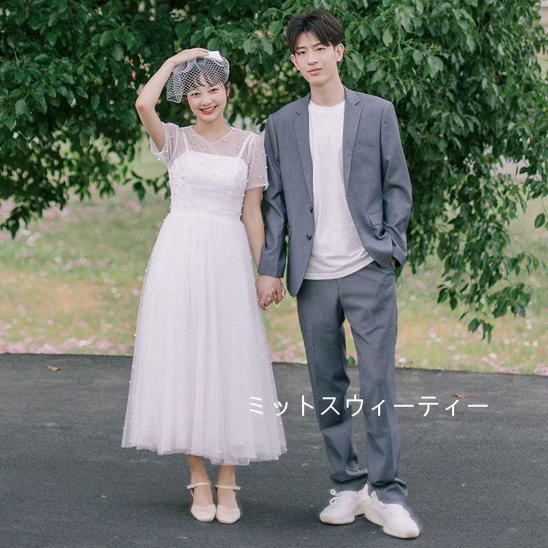 ウェディングドレス マキシ丈スカート レース 結婚式 半袖 パーティードレス 二次会 前撮り 後撮り ウエディングドレス ブライダル 花嫁 披露宴 演奏会 発表会 ウェディングドレス Aラインスカート ミモレドレス ホワイト 半袖 結婚