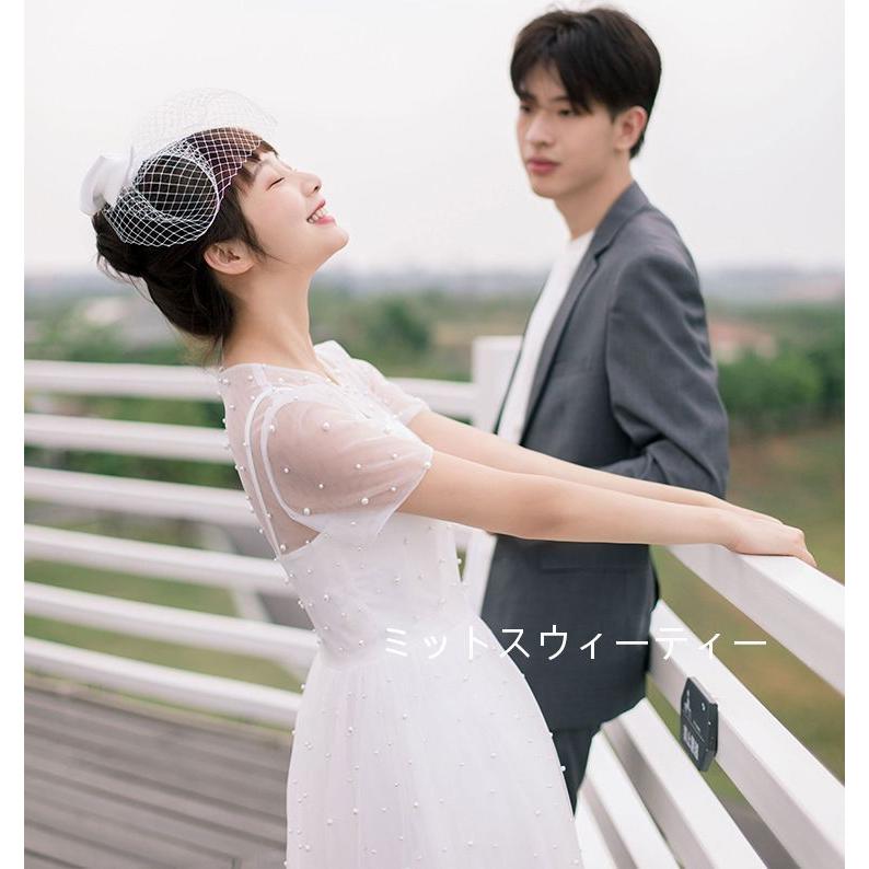 ウェディングドレス Aラインスカート ミモレドレス ホワイト 半袖 結婚