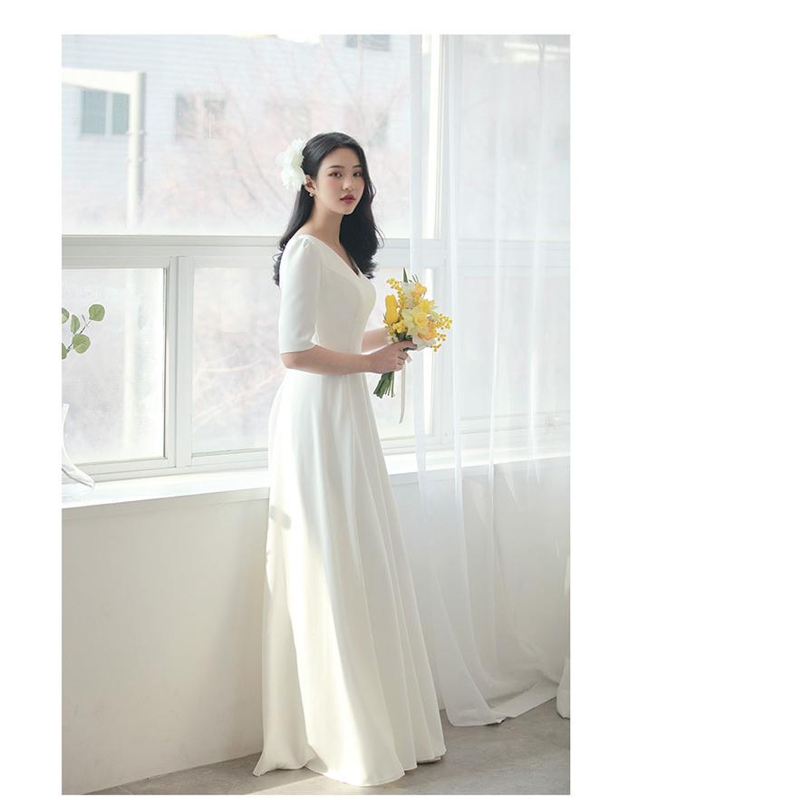 ウェディングドレス ロングドレス 二次会 半袖 Vネック サテン 結婚式 前撮り ワンピース シンプル 編み上げ 白 ブライダル 花嫁 ウエディングドレス_7