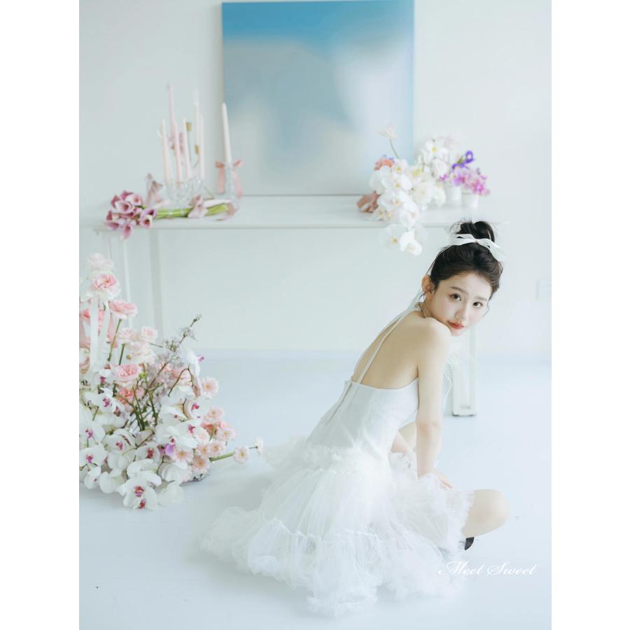 ウェディングドレス ミニドレス 二次会 結婚式 前撮り ホルターネック 花嫁 ウエディングドレス チュール 可愛い ふわふわ ノースリーブ ブライダル_2