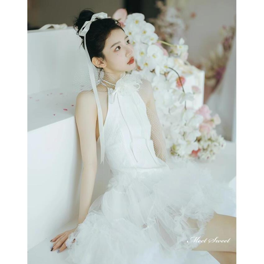 ウェディングドレス ミニドレス 二次会 結婚式 前撮り ホルターネック 花嫁 ウエディングドレス チュール 可愛い ふわふわ ノースリーブ ブライダル_7