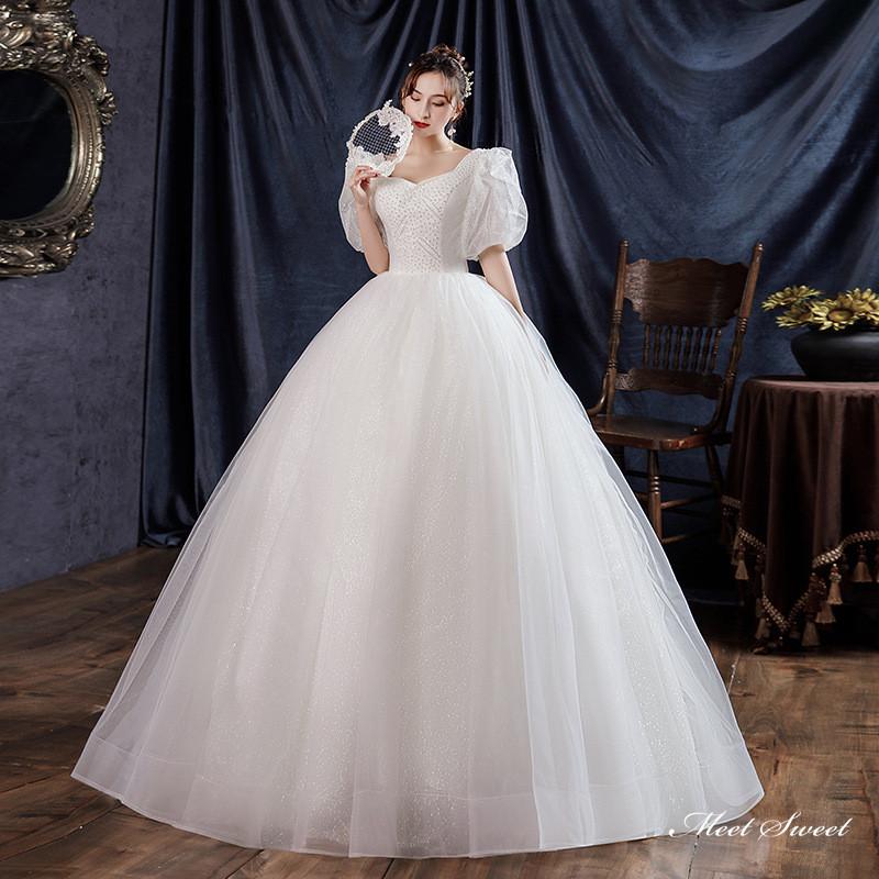 ウェディングドレス ロングドレス プリンセスラインドレス 半袖 パフスリーブ 二次会 結婚式 前撮り 花嫁 ウエディングドレス チュール 海外挙式 ブライダル_2