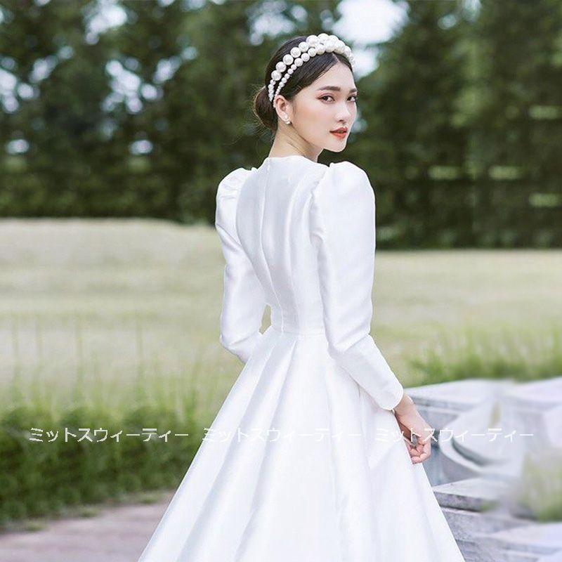 ウエディングドレス サテンドレス ホワイト 長袖 花嫁 結婚式 ウエディングドレス サテンドレス ホワイト 長袖 花嫁 結婚式