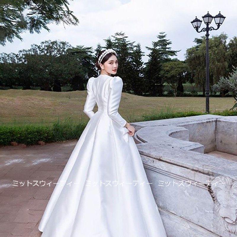 ウエディングドレス サテンドレス ホワイト 長袖 花嫁 結婚式 ウエディングドレス サテンドレス ホワイト 長袖 花嫁 結婚式