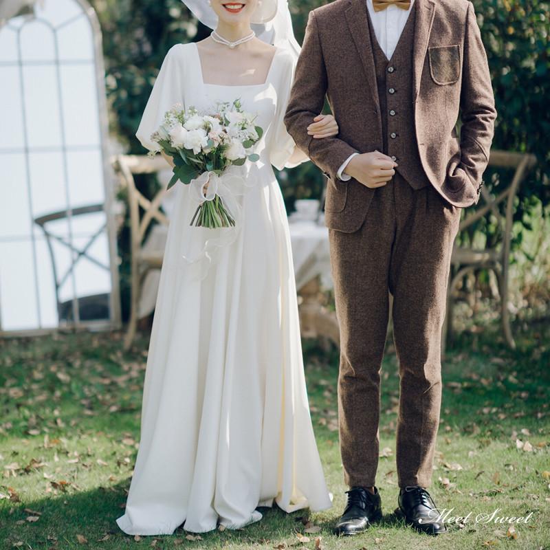ウェディングドレス ロングドレス スレンダーライン 長袖 二次会 結婚