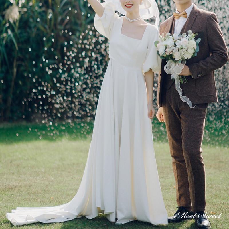 ウェディングドレス ロングドレス スレンダーライン 長袖 二次会 結婚