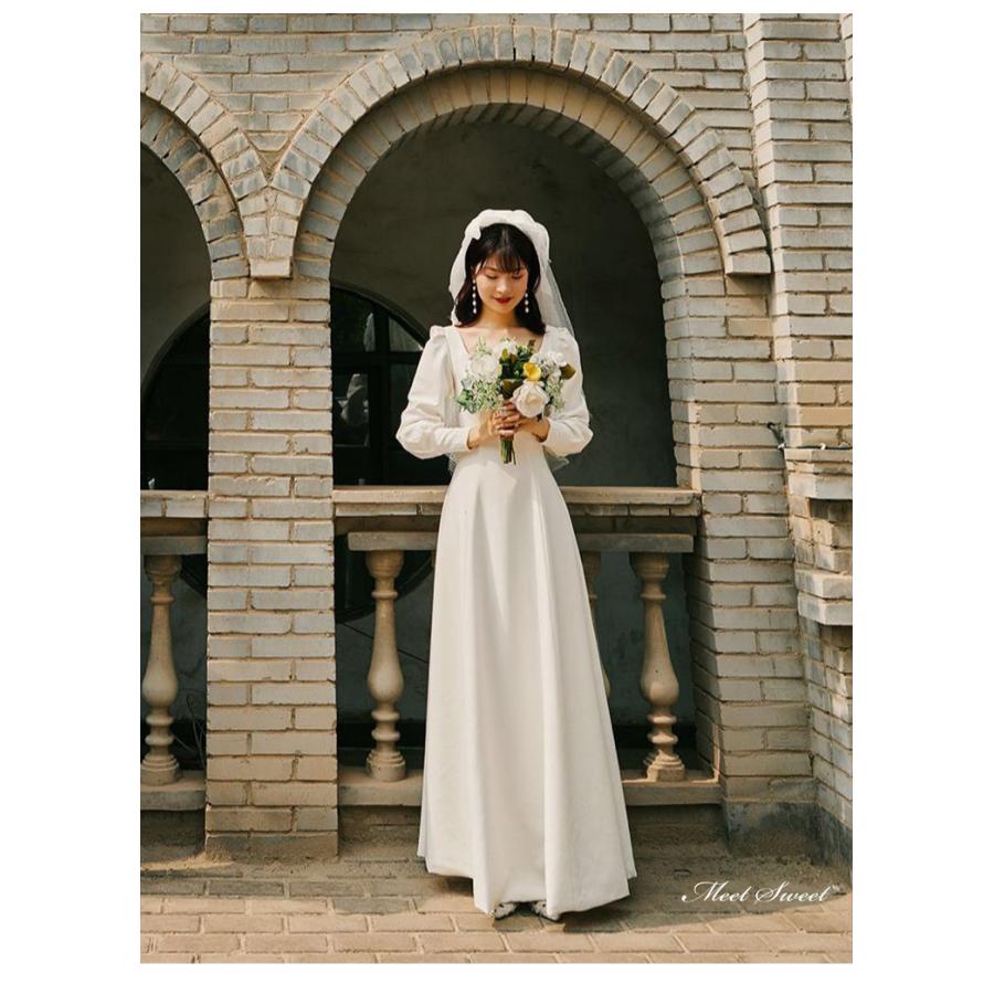 ウェディングドレス ロングドレス スレンダーライン 長袖 二次会 結婚