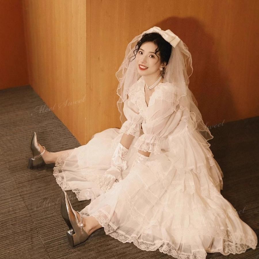 ウェディングドレス レース フリル レトロ 昭和風 パフスリーブ A