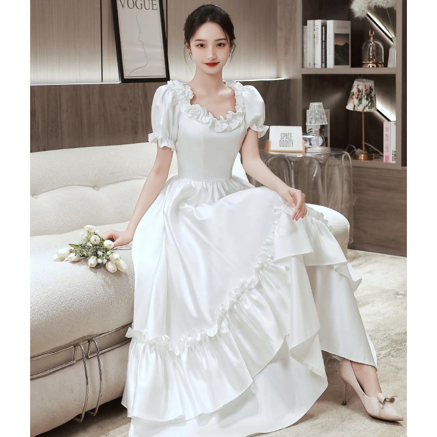 ウェディングドレス フリル 半袖 ホワイト Aライン ロング 二次会 結婚 