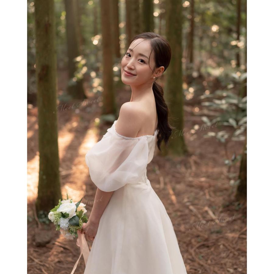 ウェディングドレス ふんわり オフショルダー パフスリーブ Aライン ロング 二次会 結婚式 披露宴 前撮り 後撮り 発表会 花嫁 ウエディングドレス 花嫁ドレスの画像