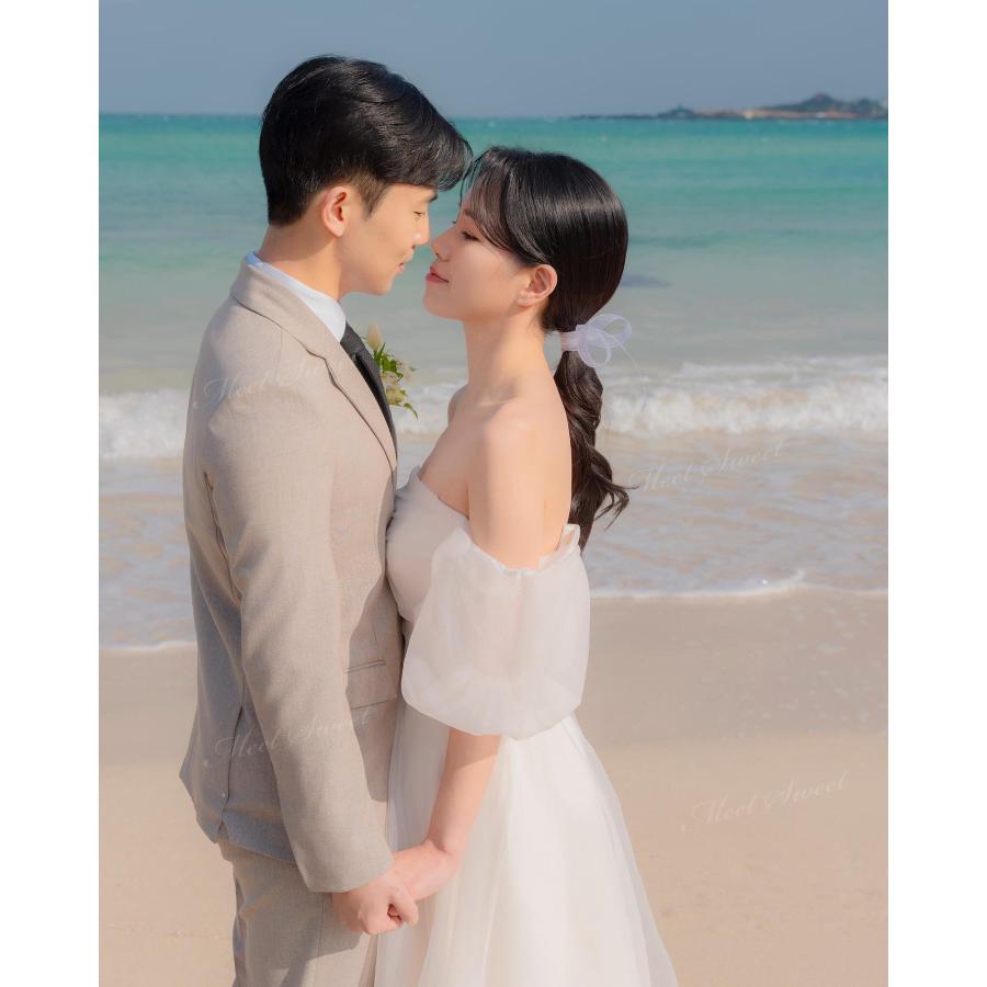 ウェディングドレス ふんわり オフショルダー パフスリーブ Aライン ロング 二次会 結婚式 披露宴 前撮り 後撮り 発表会 花嫁 ウエディングドレス 花嫁ドレスの画像