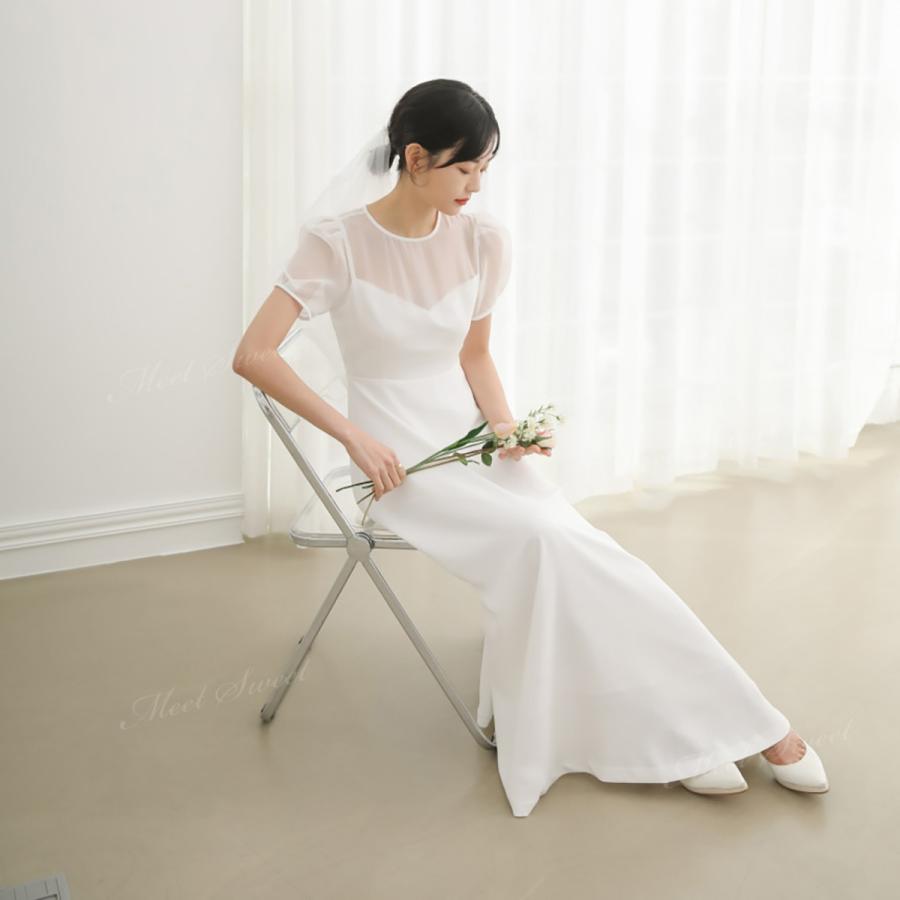 ウェディングドレス ワンピース スレンダーライン 半袖 袖付き ロングドレス マキシ 二次会 結婚式 披露宴 前撮り 発表会 花嫁 ウエディングドレス 花嫁ドレス_2