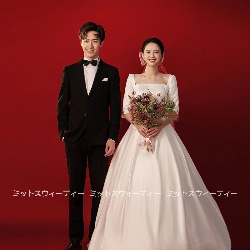 ウェディングドレス 結婚式 aライン ウエディングドレス 二次会 花嫁 パーティードレス 披露宴 ブライダル ロングドレス 演奏会 ５分袖 スクエアネック 前撮り_1