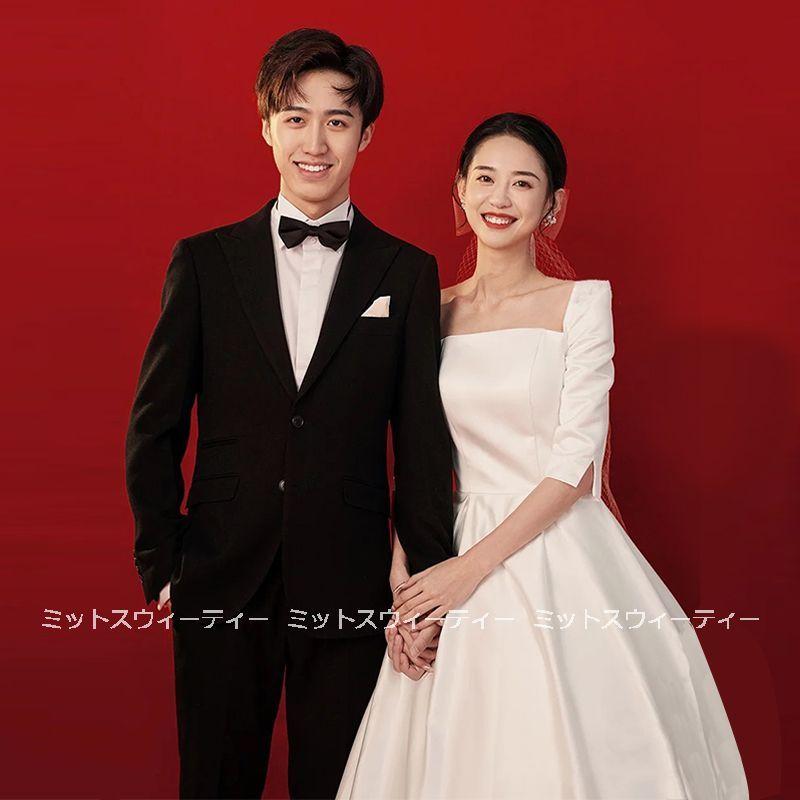 ウェディングドレス 結婚式 aライン ウエディングドレス 二次会 花嫁 パーティードレス 披露宴 ブライダル ロングドレス 演奏会 ５分袖 スクエアネック 前撮り_2