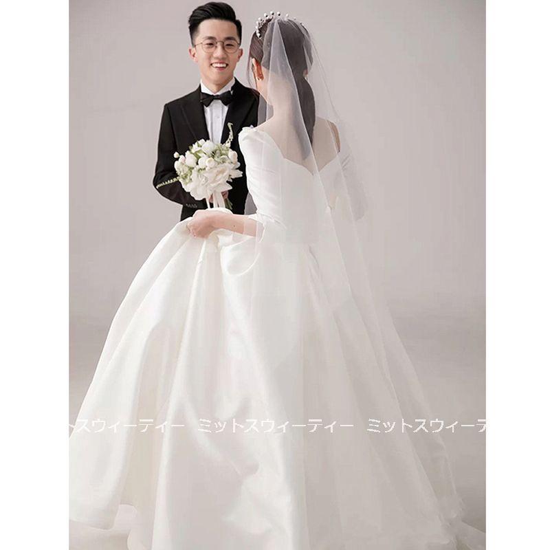 ウェディングドレス 結婚式 aライン ウエディングドレス 二次会 花嫁 パーティードレス 披露宴 ブライダル ロングドレス 演奏会 ５分袖 スクエアネック 前撮り_3