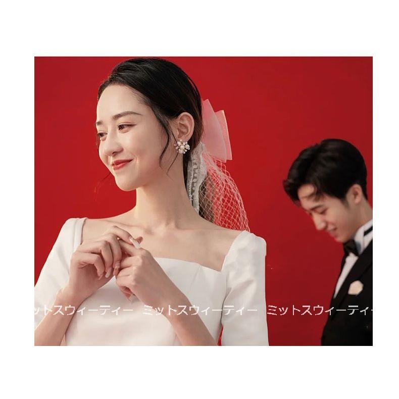 ウェディングドレス 結婚式 aライン ウエディングドレス 二次会 花嫁 パーティードレス 披露宴 ブライダル ロングドレス 演奏会 ５分袖 スクエアネック 前撮り_4