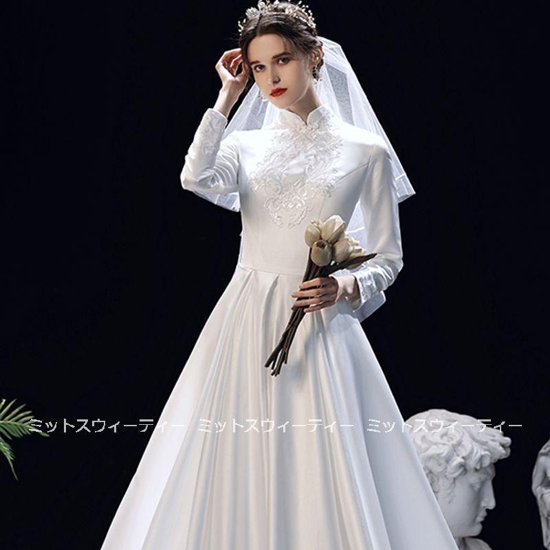 ウェディングドレス aライン 長袖 ウエディングドレス 白 秋冬 二次会