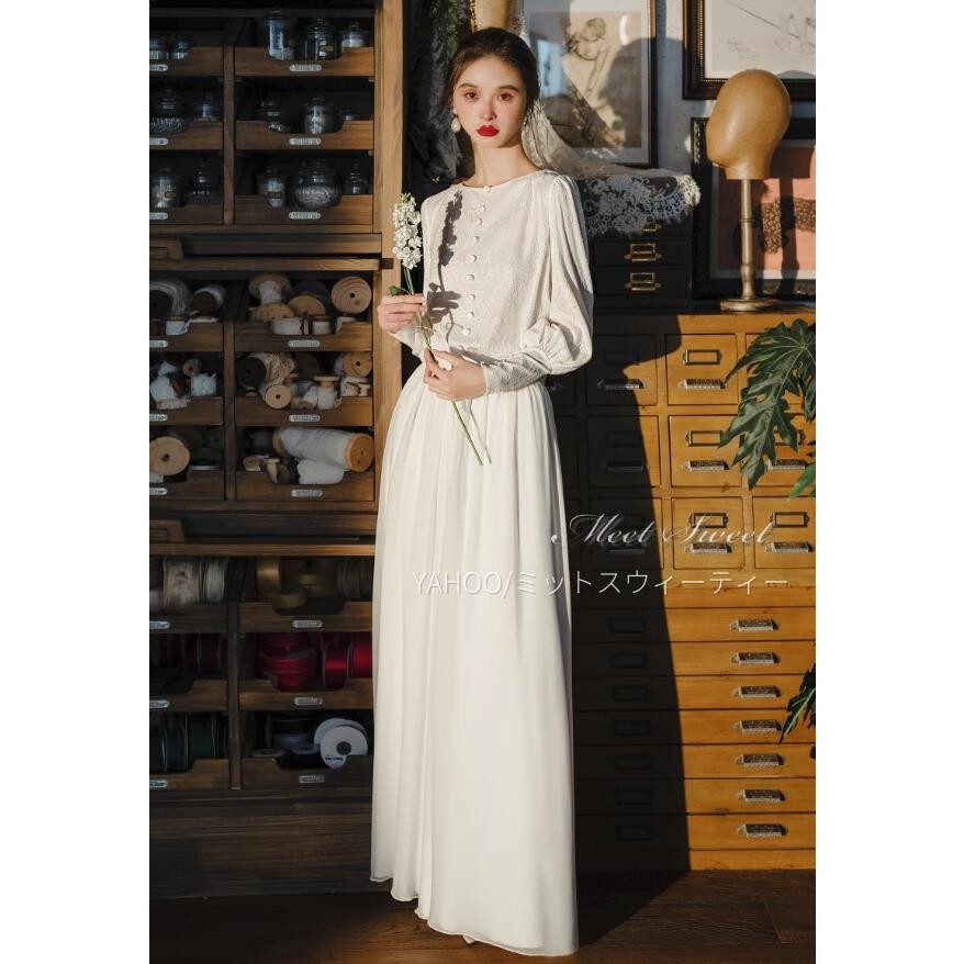 ウェディングドレス スレンダーライン 長袖 レース 上品 洗練 袖付き 花嫁 結婚式 二次会 前撮り ブライダル ウエディングドレス オフホワイト ロングドレス