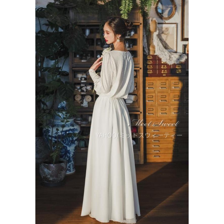 ウェディングドレス スレンダーライン 長袖 レース 上品 洗練 袖付き 花嫁 結婚式 二次会 前撮り ブライダル ウエディングドレス オフホワイト ロングドレス