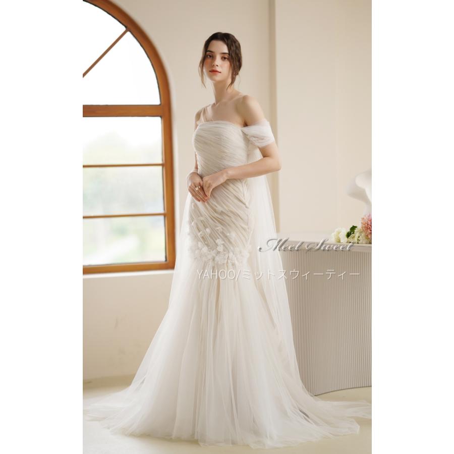 ウェディングドレス ベージュ フラワー チュール 花嫁 結婚式 二次会 前撮り ブライダル ウエディングドレス カラードレス パーティードレス_2