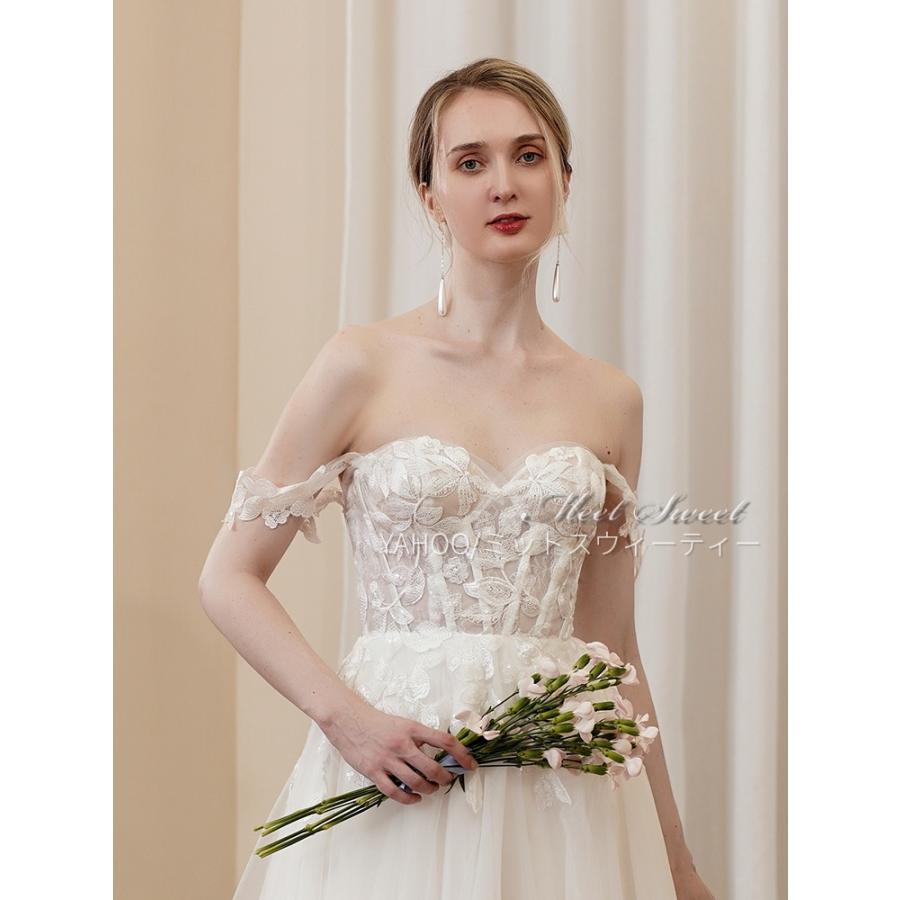ウェディングドレス 2way ベアトップドレス レース 取り外し可能肩紐 オフショルダー 花嫁 結婚式 二次会 前撮り ドレス ブライダル ウエディングドレス_2