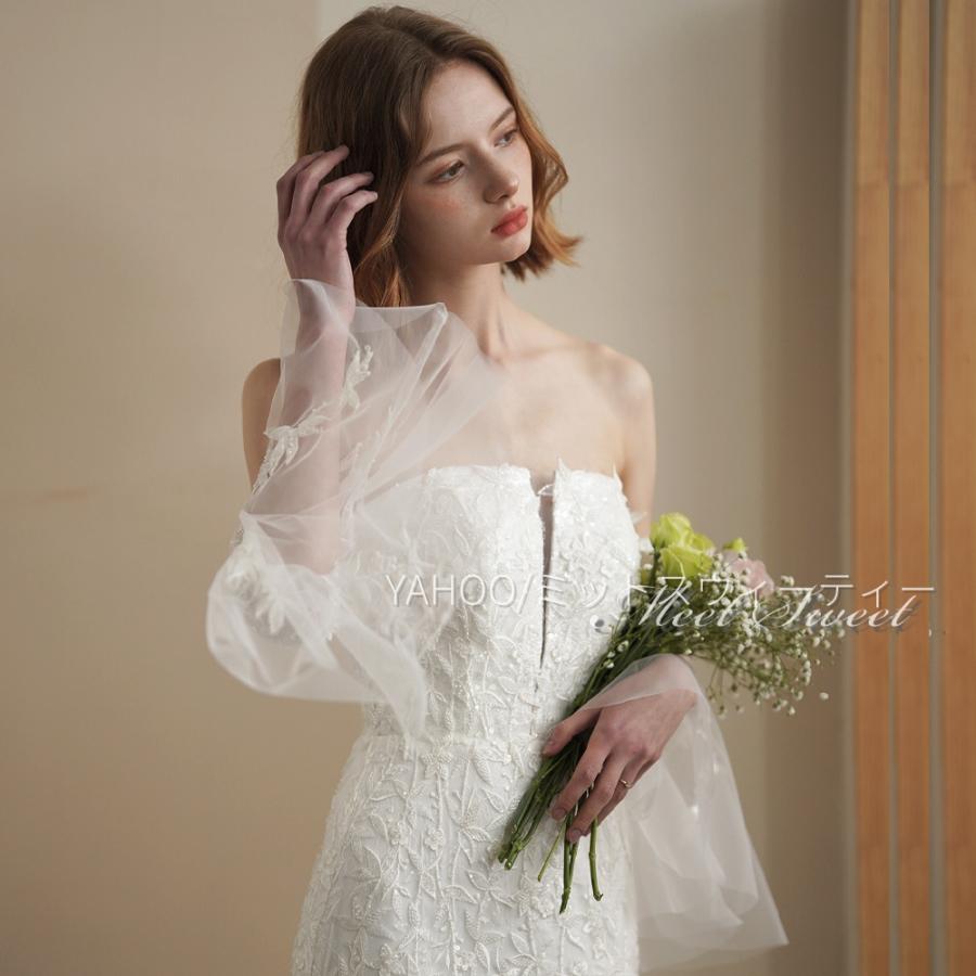 ウェディングドレス マーメイドドレス レース 袖付き オフショルダー 花嫁 結婚式 二次会 前撮り ドレス ブライダル ウエディングドレス オフホワイト_1