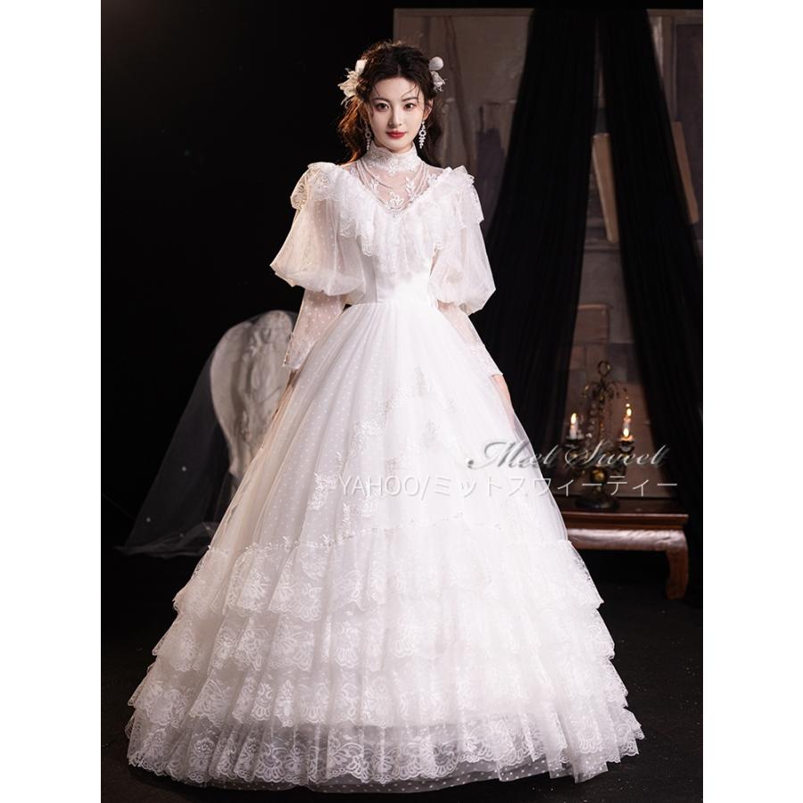 ウエディングドレス Aラインドレス レース フリル レトロ 昭和ドレス