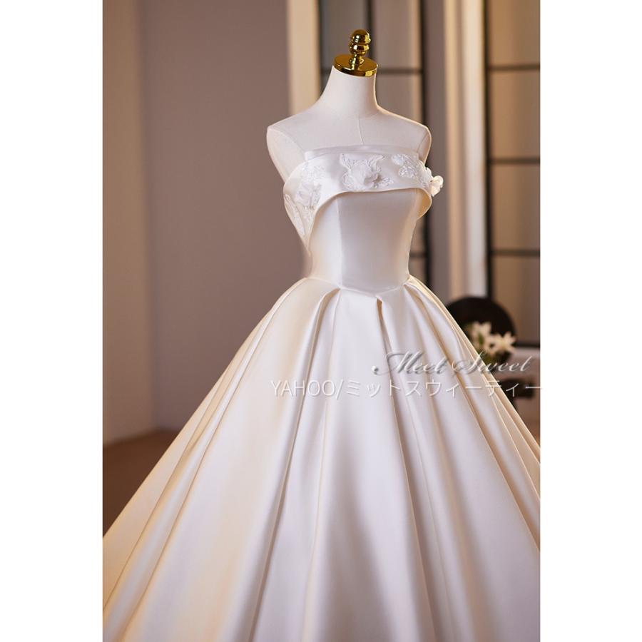 ウエディングドレス 前撮り ベアトップ プリンセスラインドレス サテン ドレス ウェディングドレス 花嫁 結婚式 二次会 ブライダル オフホワイトの画像
