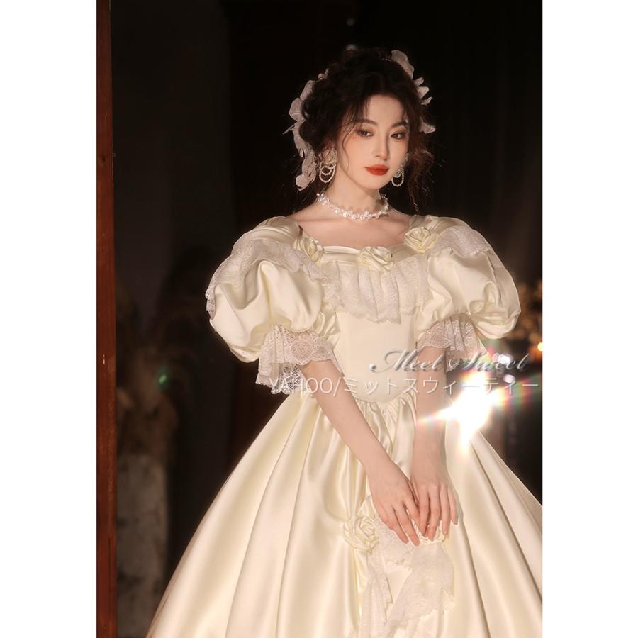 ウェディングドレス 花嫁 結婚式 二次会 前撮り ドレス ブライダル ウエディングドレス オフホワイト プリンセスドレス レトロ サテン レース パフスリーブの画像