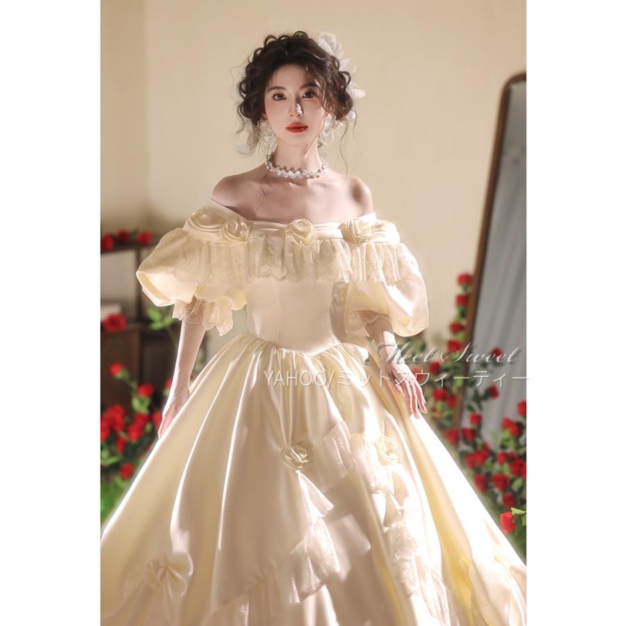 ウェディングドレス 花嫁 結婚式 二次会 前撮り ドレス ブライダル ウエディングドレス オフホワイト プリンセスドレス レトロ サテン レース パフスリーブの画像