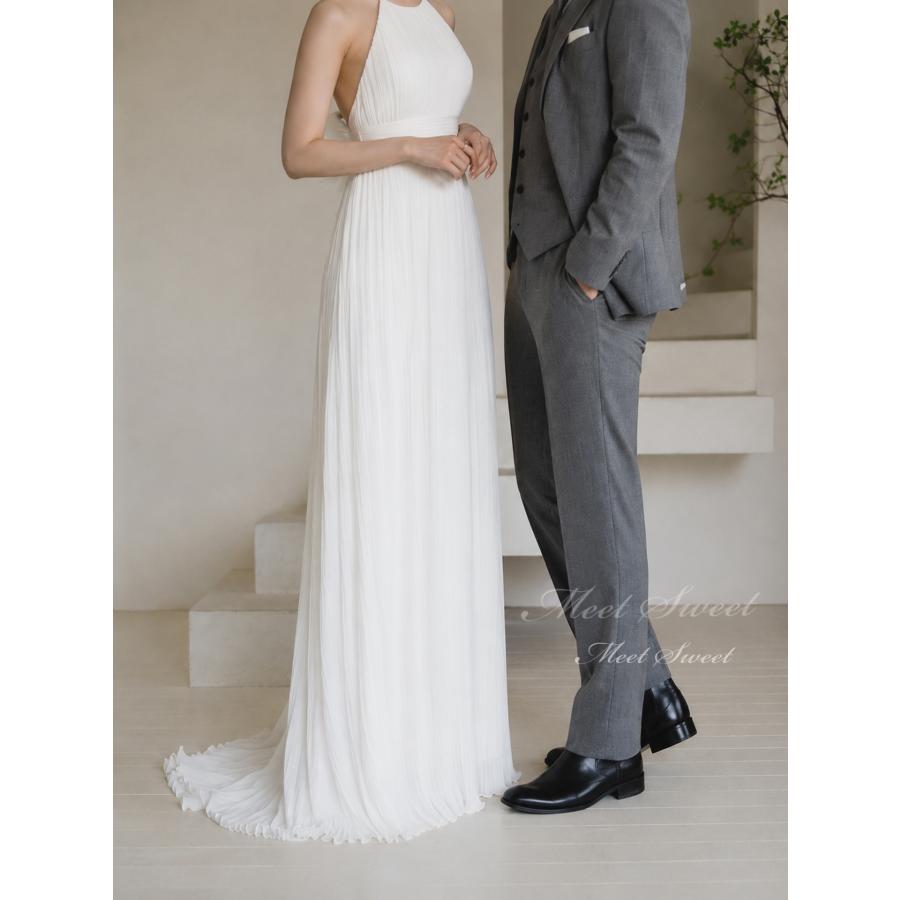 結婚式 二次会ドレス 前撮り ホルターネック 背中開き 花嫁 韓国風 新品 ウェディングドレス 二次会 花嫁 オフホワイト ホルターネック バック